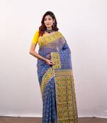 Blue cotton jamdani saree with multi booti and yellow woven border pallu