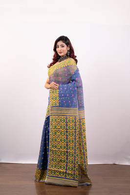 Blue cotton jamdani saree with multi booti and yellow woven border pallu 2