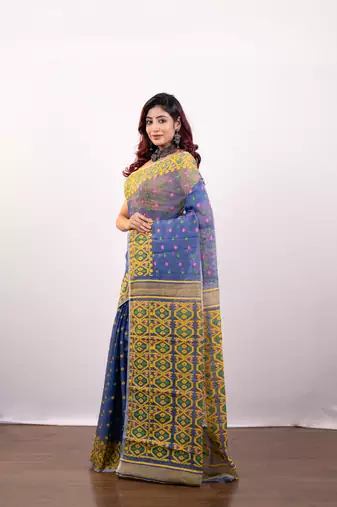 Blue cotton jamdani saree with multi booti and yellow woven border pallu