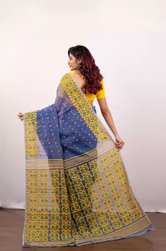 Blue cotton jamdani saree with multi booti and yellow woven border pallu