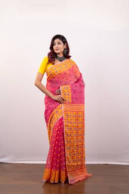 Pink cotton jamdani saree with multi booti and yellow woven border pallu 1