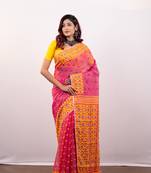 Pink cotton jamdani saree with multi booti and yellow woven border pallu