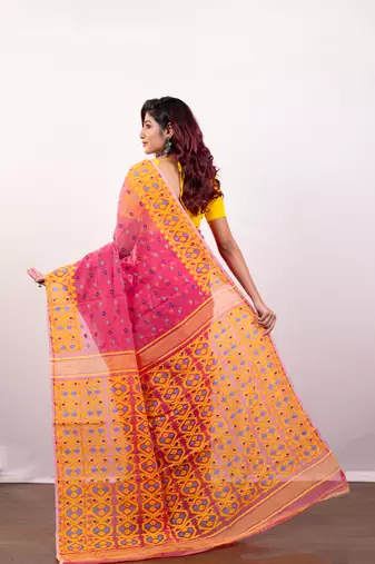 Pink cotton jamdani saree with multi booti and yellow woven border pallu
