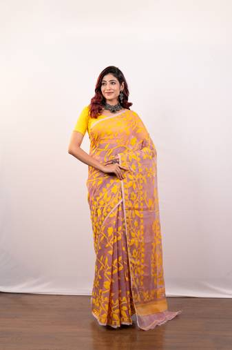 Charm pink cotton jamdani saree with yellow leaf jaal motifs