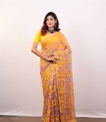 Charm pink cotton jamdani saree with yellow leaf jaal motifs