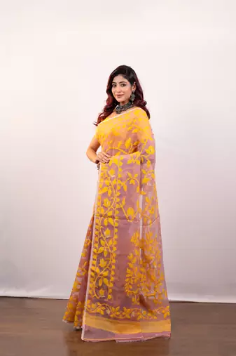 Charm pink cotton jamdani saree with yellow leaf jaal motifs
