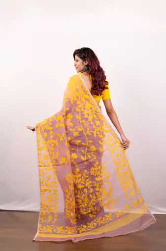 Charm pink cotton jamdani saree with yellow leaf jaal motifs