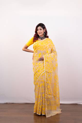 Beige cotton jamdani saree with yellow leaf jaal motifs