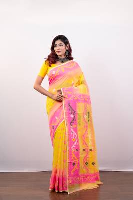 Yellow and pink cotton jamdani saree with multi woven motifs 1