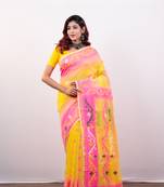 Yellow and pink cotton jamdani saree with multi woven motifs