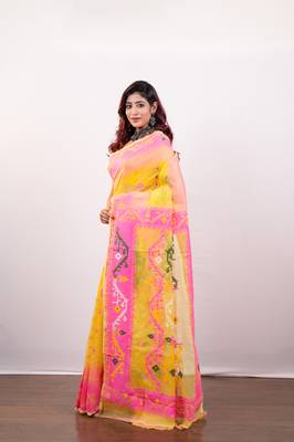 Yellow and pink cotton jamdani saree with multi woven motifs 2