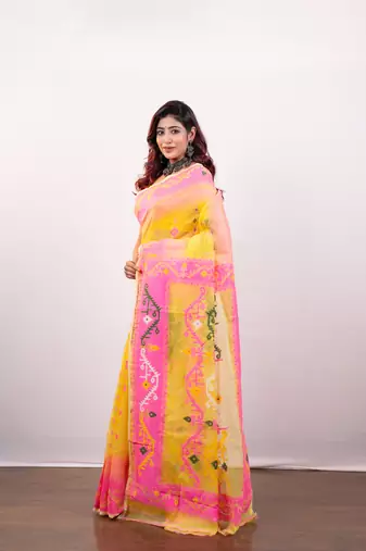 Yellow and pink cotton jamdani saree with multi woven motifs