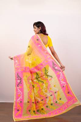 Yellow and pink cotton jamdani saree with multi woven motifs 3