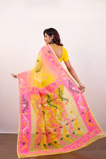 Yellow and pink cotton jamdani saree with multi woven motifs