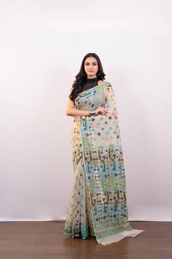 Beige cotton jamdani saree with multi woven booti