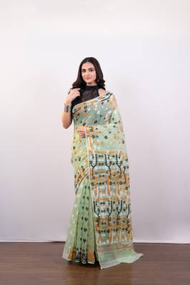 Tea green cotton jamdani saree with multi woven booti 1