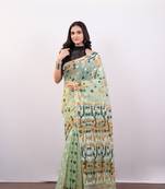 Tea green cotton jamdani saree with multi woven booti