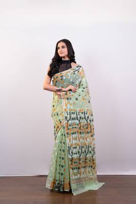 Tea green cotton jamdani saree with multi woven booti 2