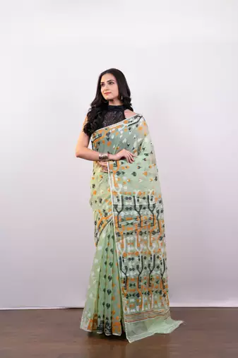 Tea green cotton jamdani saree with multi woven booti