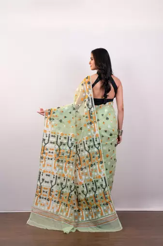 Tea green cotton jamdani saree with multi woven booti