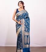 Blue pure banarasi katan silk saree with golden floral jaal motifs and golden border pallu