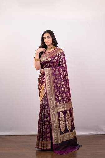 Wine pure banarasi katan silk saree with golden floral jaal motifs and golden border pallu
