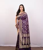 Purple pure banarasi katan silk saree with golden floral jaal motifs and golden border pallu
