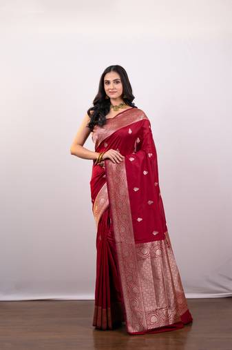 Red  pure banarasi katan silk saree with silver zari booti and border pallu