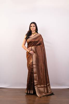 Brown soft banarasi art silk blend saree with zari border 1