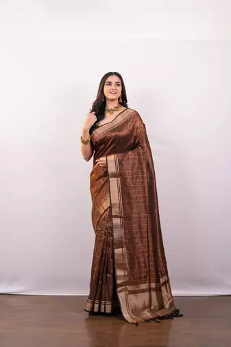 Brown soft banarasi art silk blend saree with zari border