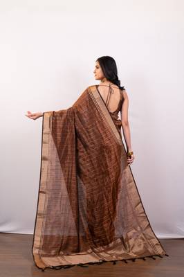Brown soft banarasi art silk blend saree with zari border 3