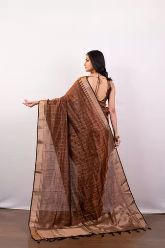 Brown soft banarasi art silk blend saree with zari border