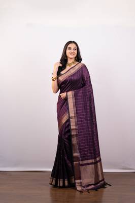 Purple soft banarasi art silk blend saree with zari border 2
