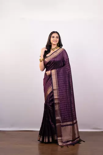Purple soft banarasi art silk blend saree with zari border