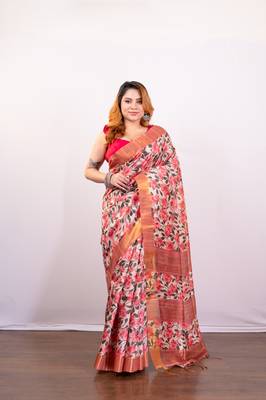 Pink floral jaal printed soft tussar art silk saree 1
