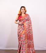 Pink floral jaal printed soft tussar art silk saree