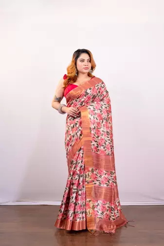Pink floral jaal printed soft tussar art silk saree