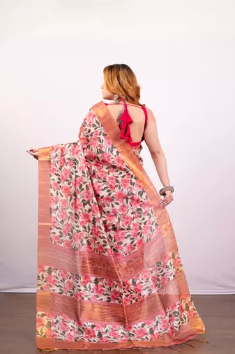 Pink floral jaal printed soft tussar art silk saree