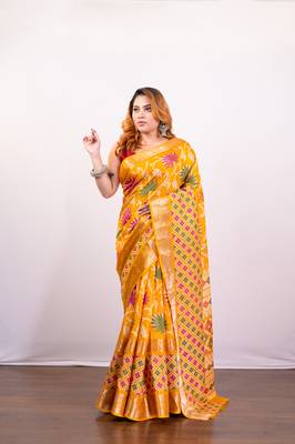 Gold yellow soft dola art silk blend saree with floral jaal print 1