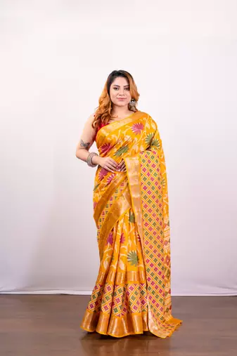 Gold yellow soft dola art silk blend saree with floral jaal print