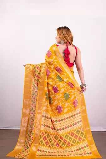 Gold yellow soft dola art silk blend saree with floral jaal print