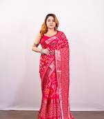 Pink soft dola art silk saree with floral jaal print