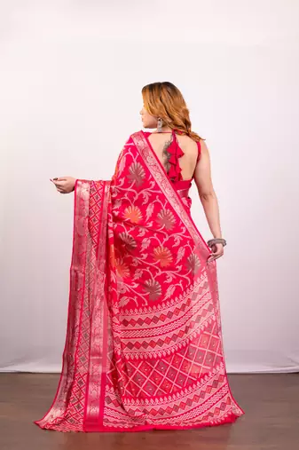 Pink soft dola art silk blend saree with floral jaal print
