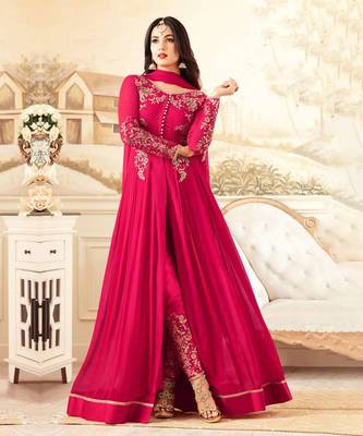 Dark pink zari embroidery and dimond work georgette anarakil pant- full stitched 1
