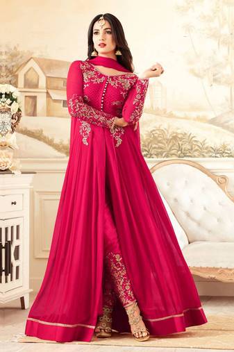 Dark pink zari embroidery and dimond work georgette anarakil pant- full stitched