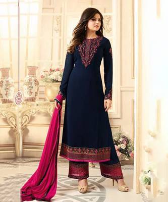 Blue zari embroidery and dimond work georgette straight palazzo- full stitched 1
