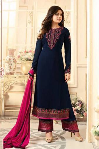 Blue zari embroidery and dimond work georgette straight palazzo- full stitched