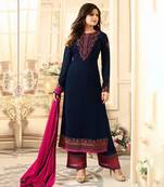 Blue zari embroidery and dimond work georgette straight palazzo- full stitched