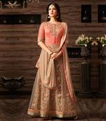 Beige zari embroidery and dimond work net anarkali churidar- full stitched