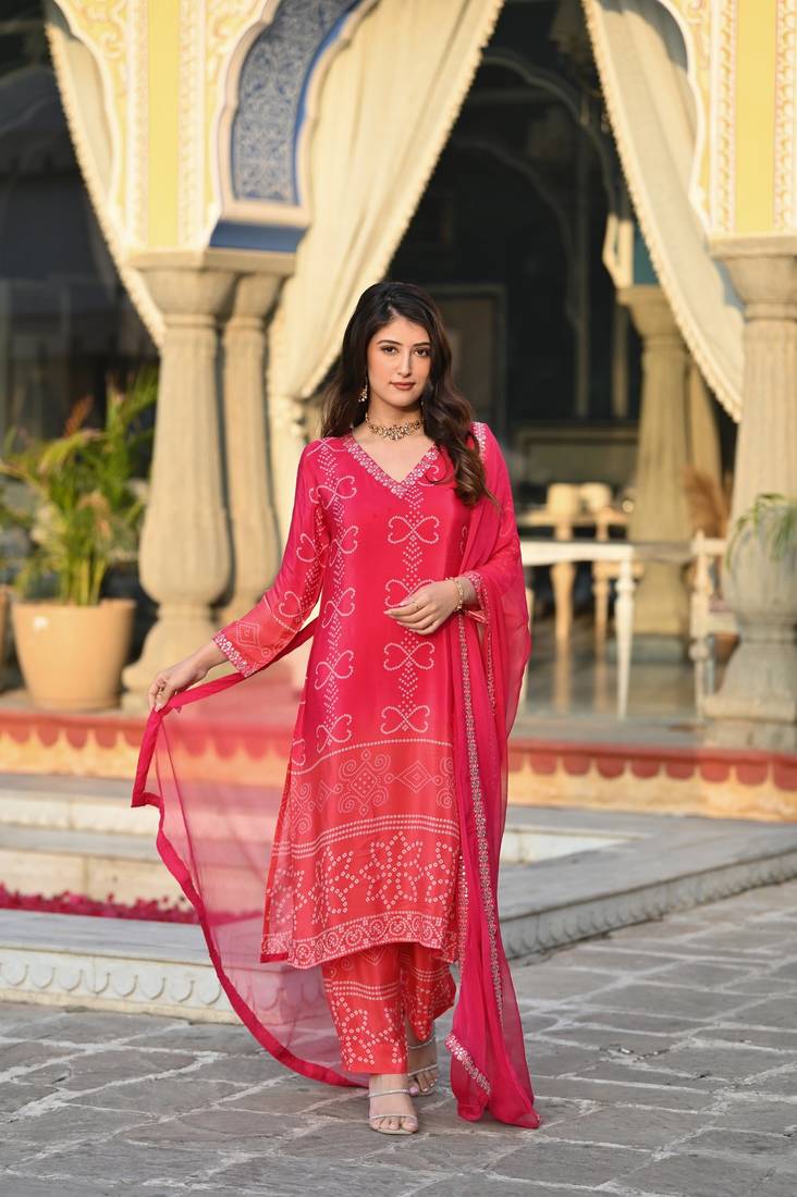 Women's Chinnon Fabric Straight Kurta, Pant and Dupatta Set
